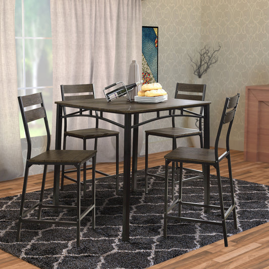 5-Piece Metal And Wood Counter Height Table Set In Antique Brown  By Benzara | Dining Tables |  Modishstore 
