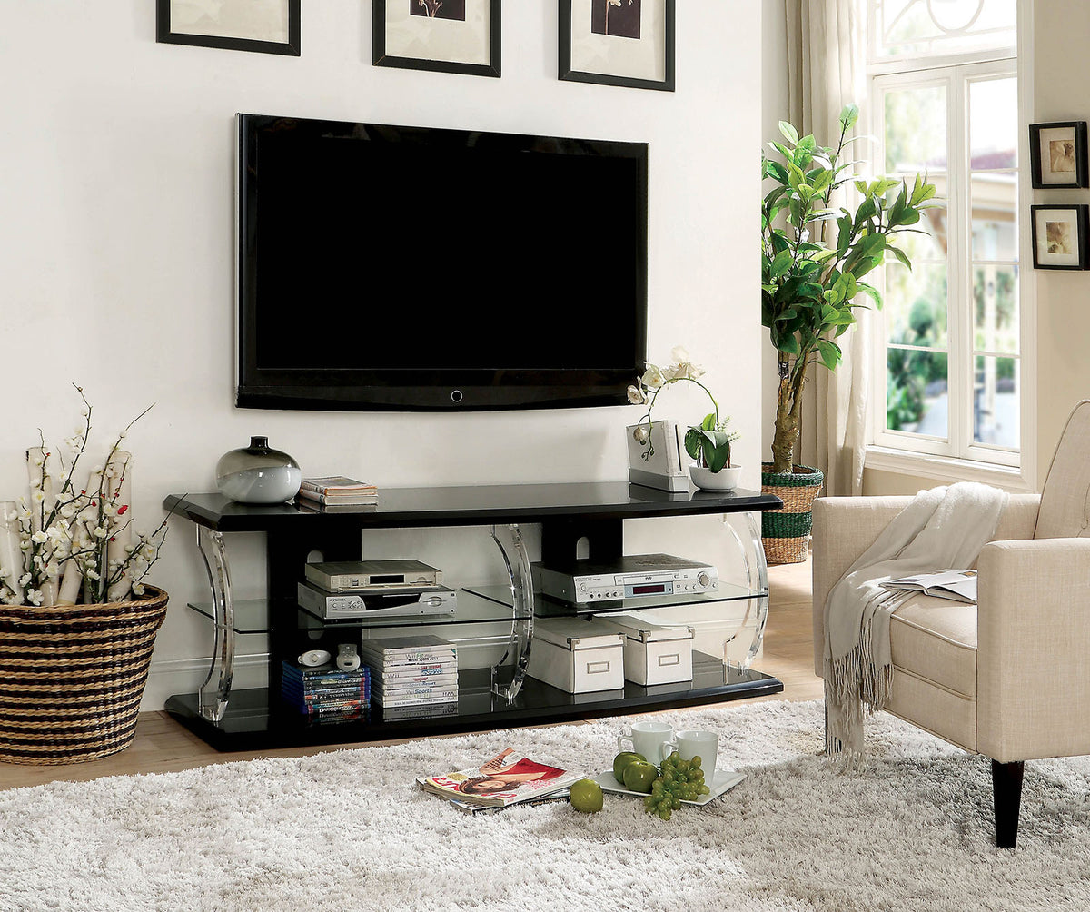 60" Wooden Tv Stand With Spacious Glass Shelf, Black And Clear By Benzara | TV Stands |  Modishstore 