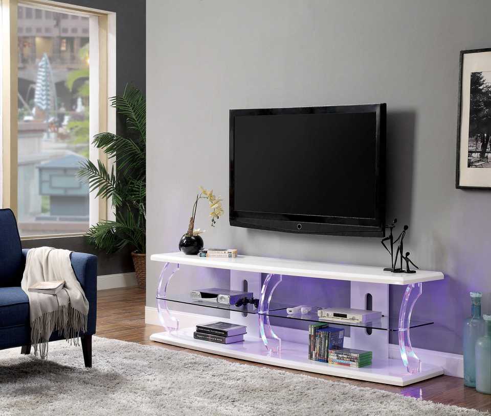 72" Wooden Tv Stand With Spacious Glass Shelf, White And White  By Benzara | TV Stands |  Modishstore 