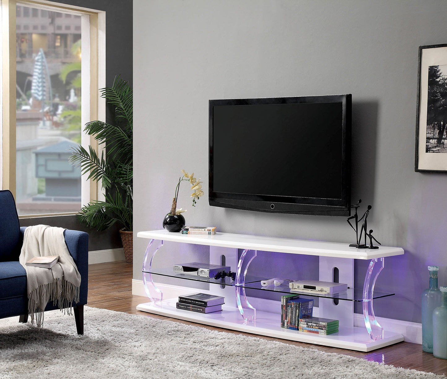 72" Wooden Tv Stand With Spacious Glass Shelf, White And White  By Benzara | TV Stands |  Modishstore  - 2