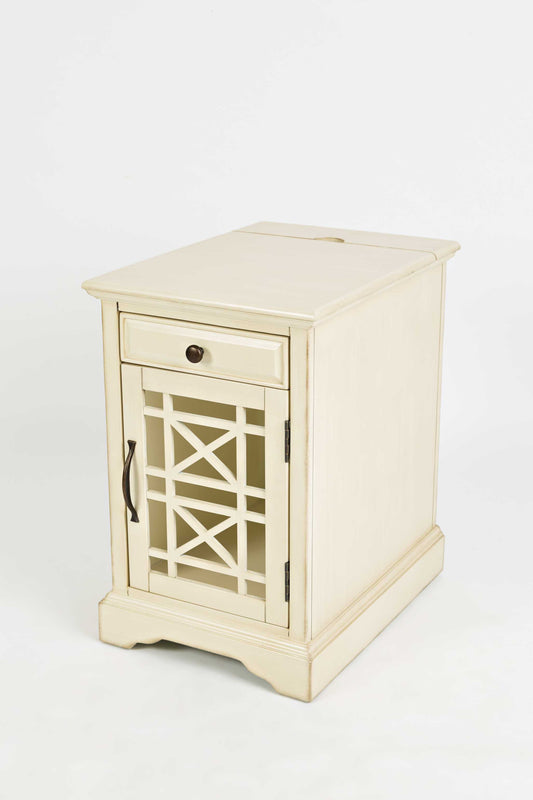 Wooden Chairside Table With Power Outlets, Antique Cream  By Benzara | End Tables |  Modishstore 