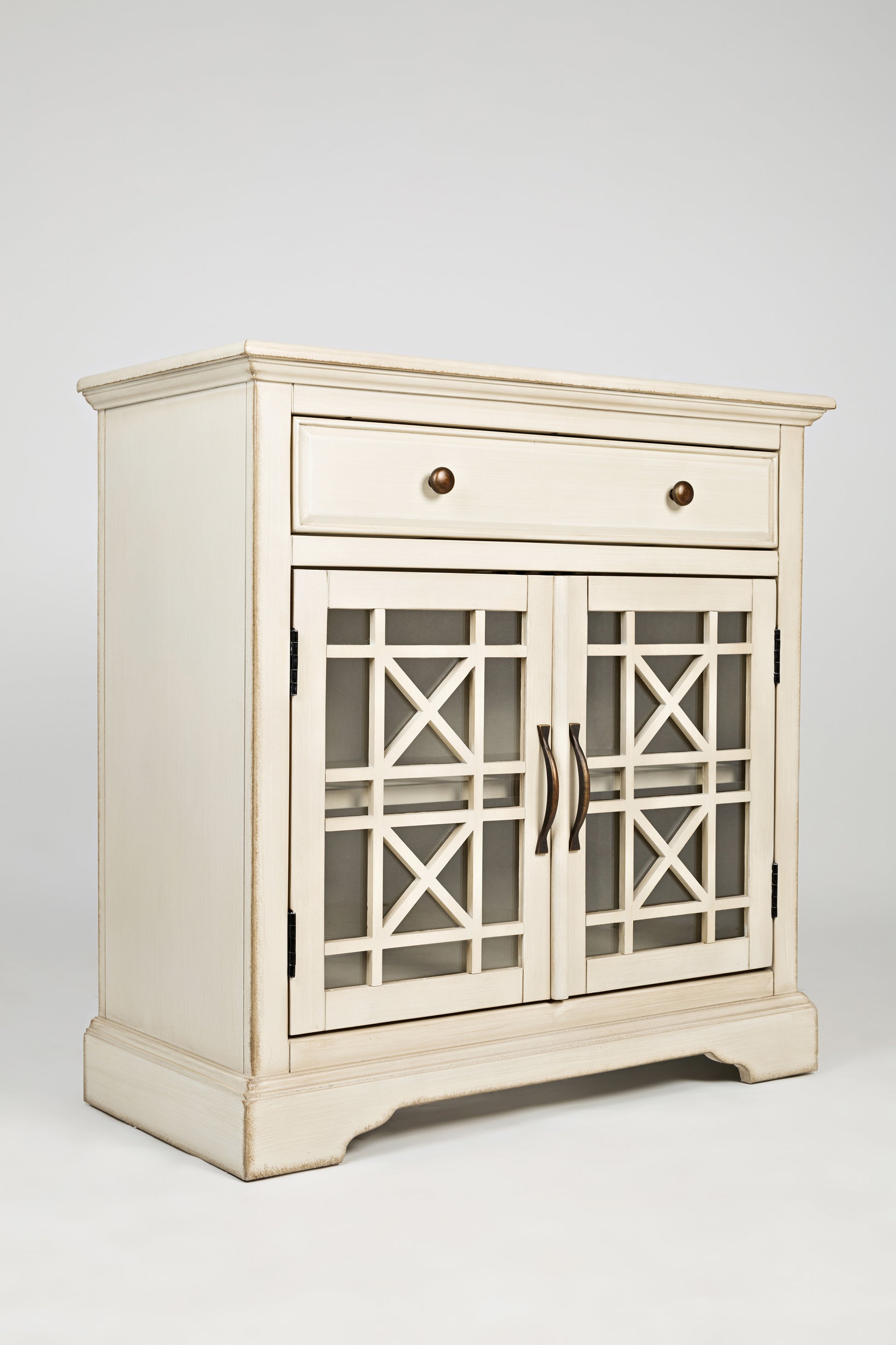 Craftman Series 32 Inch Wooden Accent Cabinet With Fretwork Glass Front, Cream By Benzara | Cabinets | Modishstore - 2