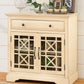 Craftman Series 32 Inch Wooden Accent Cabinet With Fretwork Glass Front, Cream By Benzara | Cabinets | Modishstore