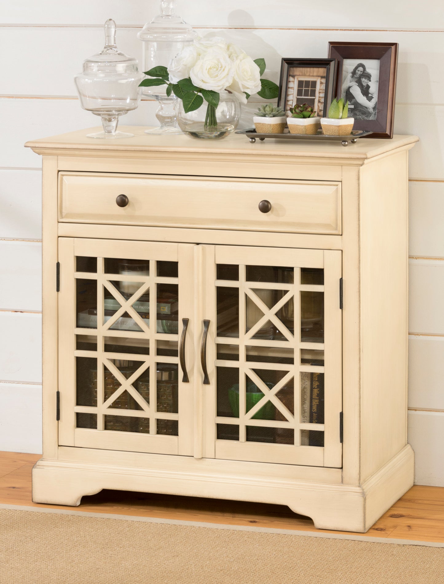 Craftman Series 32 Inch Wooden Accent Cabinet With Fretwork Glass Front, Cream By Benzara | Cabinets | Modishstore
