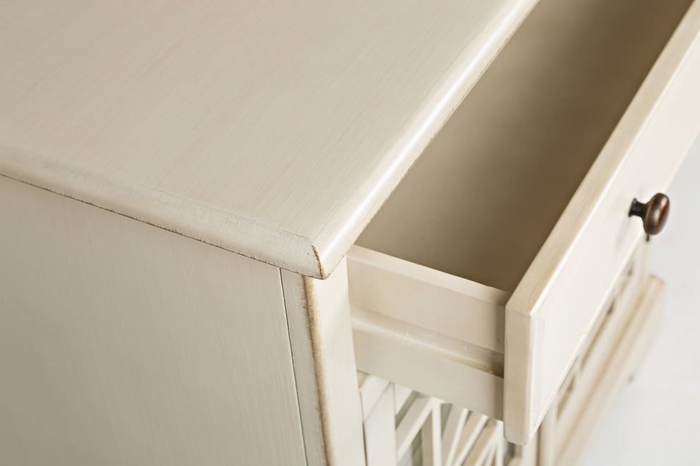 Craftman Series 32 Inch Wooden Accent Cabinet With Fretwork Glass Front, Cream By Benzara | Cabinets | Modishstore - 7