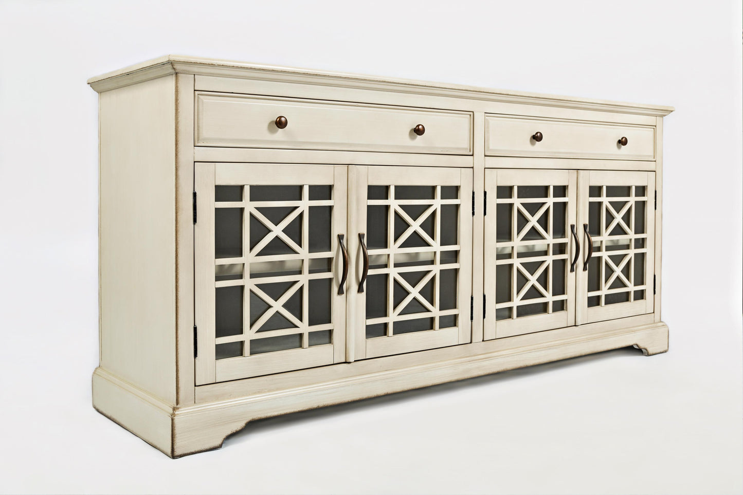 Craftman Series 70 Inch Media Unit With Fretwork Glass Front, Antique Cream By Benzara | TV Stands |  Modishstore  - 4