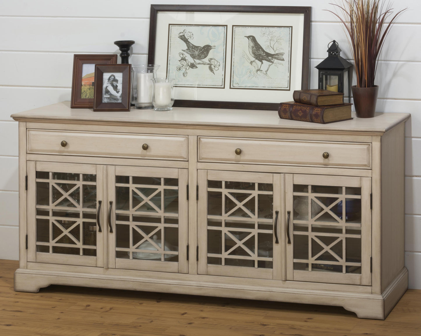 Craftman Series 70 Inch Media Unit With Fretwork Glass Front, Antique Cream By Benzara | TV Stands |  Modishstore 
