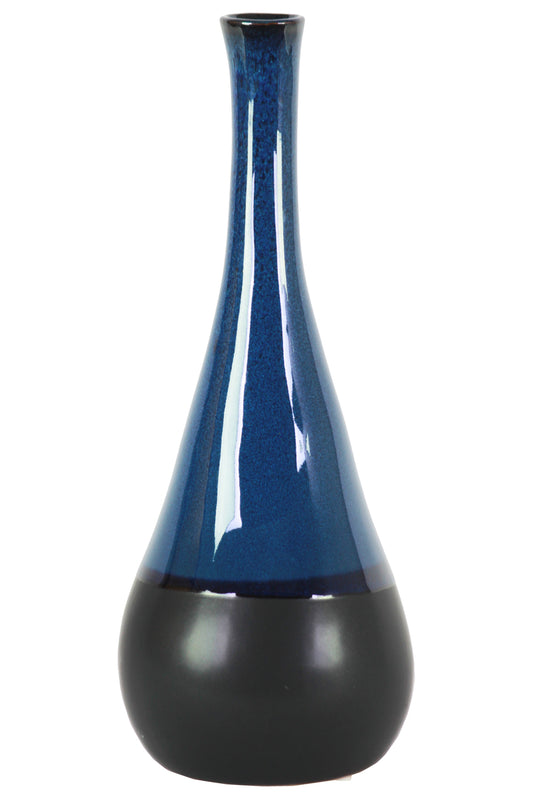 Bellied Stoneware Vase With Black Banded Rim, Large, Glossy Blue By Benzara | Vases |  Modishstore 