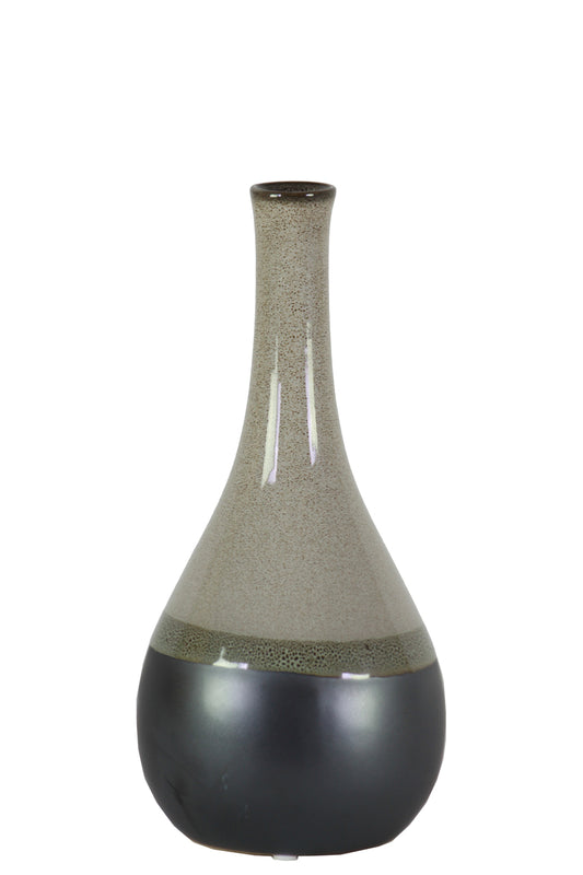 Bellied Stoneware Vase With Black Banded Rim, Small, Glossy Gray By Benzara | Vases |  Modishstore 