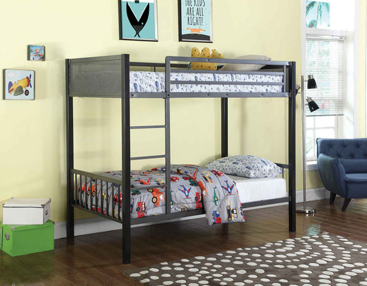 Metal Twin-Over-Twin Bunk Bed With Built-In Ladder, Gunmetal Gray & Black  By Benzara | Beds |  Modishstore 