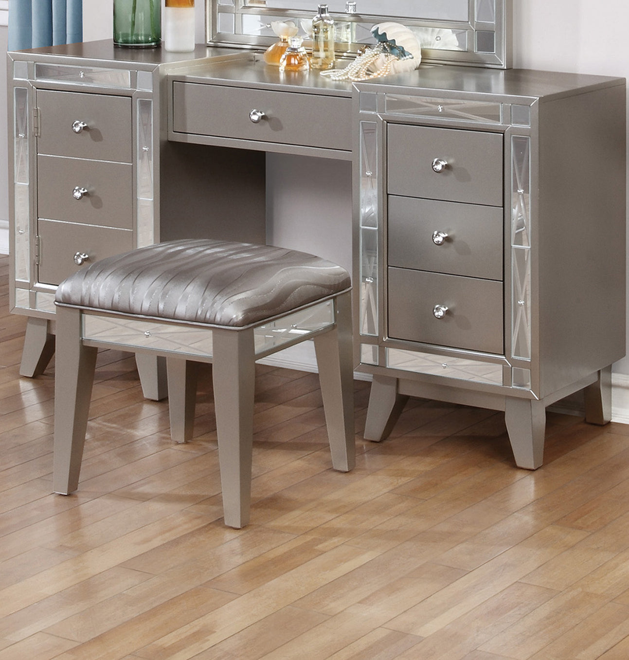 Wooden Set Of Vanity And Stool With Mirrored Accents, Mercury Silver By Benzara | Stools |  Modishstore 