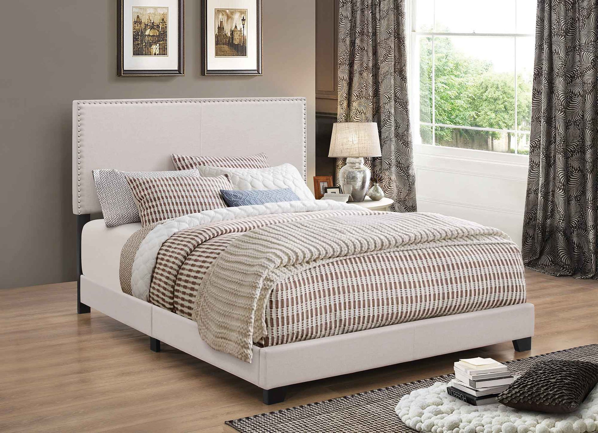 Fabric Upholstered Queen Size Platform Bed With Nail Head Trim, Ivory  By Benzara | Beds |  Modishstore 