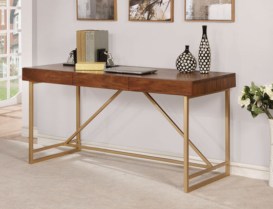Modern Style Wooden Writing Desk With Unique Metal Legs, Walnut Brown And Gold By Benzara | Desks |  Modishstore 