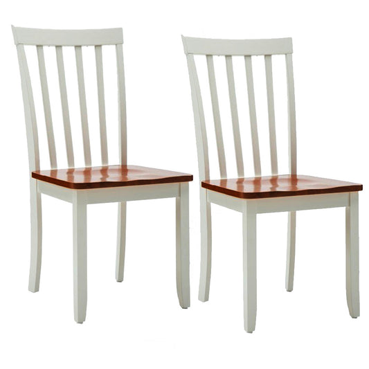 Wooden Seat Dining Chair With Slatted Backrest, Set Of 2, Brown And White By Benzara | Dining Chairs | Modishstore