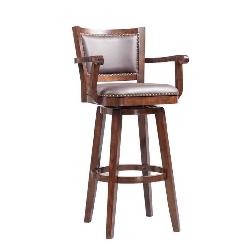 Nailhead Trim Faux Leather Upholstered Barstool With Wooden Arms, Dark Brown By Benzara | Bar Stools & Tables | Modishstore - 3