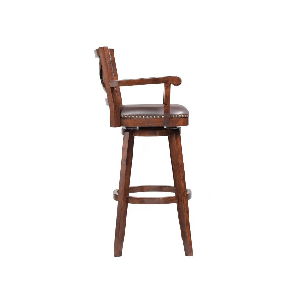 Nailhead Trim Faux Leather Upholstered Barstool With Wooden Arms, Dark Brown By Benzara | Bar Stools & Tables | Modishstore - 2