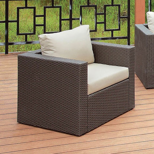 Faux Rattan Arm Chair With Seat & Back Cushions, Gray And Ivory  By Benzara | Armchairs |  Modishstore 