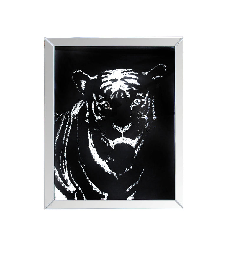 Rectangular Mirror Framed Tiger Walldecor With Crystal Inlays, Black & Silver By Benzara | Wall Decor |  Modishstore 