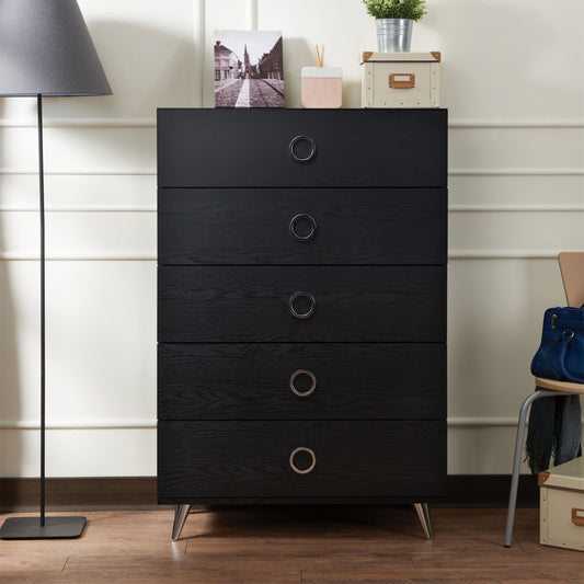Five Drawers Wooden Chest In Contemporary Style, Black  By Benzara | Drawers |  Modishstore 