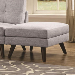 Fabric Upholstered Ottoman With Tappered Wooden Legs, Light Gray And Brown By Benzara