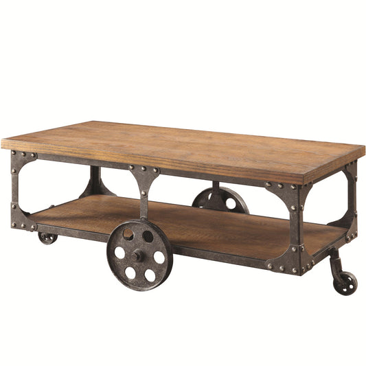 Industrial Style Solid Wooden Coffee Table With Metal Accents & Wheels, Brown By Benzara | Coffee Tables |  Modishstore 