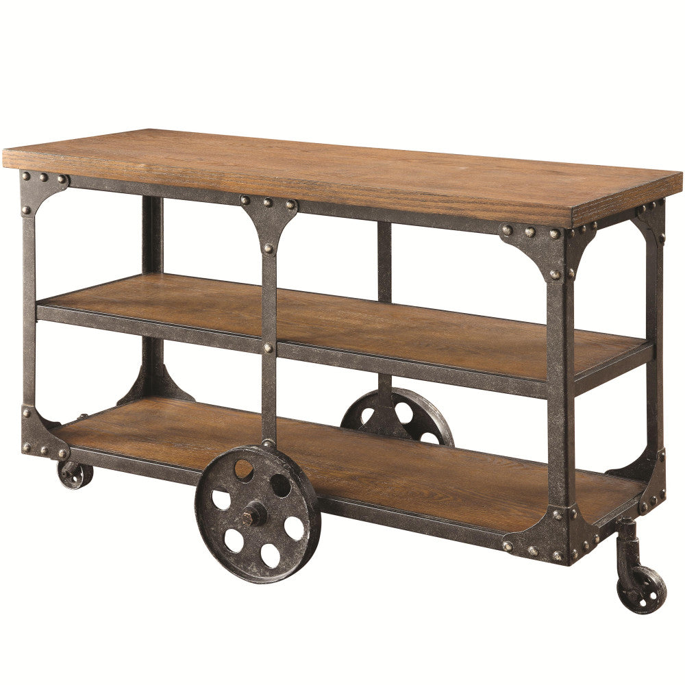 Industrial Style Solid Wooden Sofa Table With Metal Accents & Wheels, Brown By Benzara | Console Tables |  Modishstore 