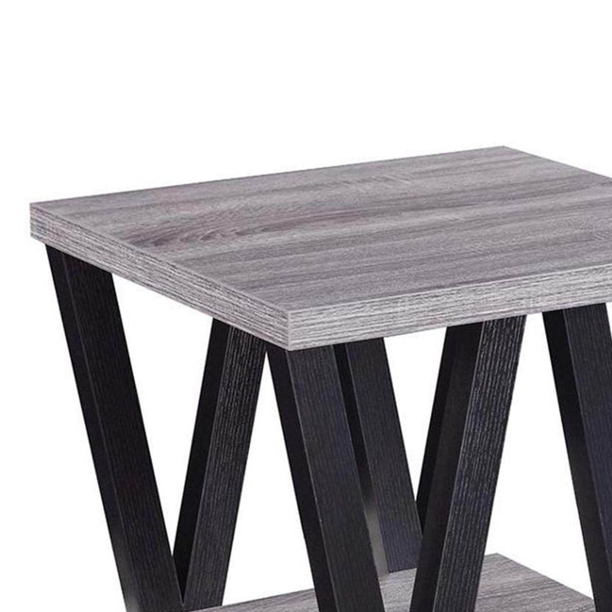 Zig-Zag Contemporary Solid Wooden End Table With Bottom Shelf, Gray And Black By Benzara | End Tables |  Modishstore  - 3