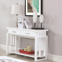 Contemporary Wooden Sofa Table With Designer Sides & Shelf, Glossy White By Benzara