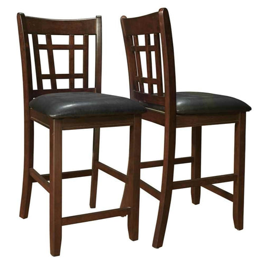 Lattice Back 24" Wooden Counter Height Chair With Leatherette Seat, Set Of 2, Brown And Black By Benzara | Dining Chairs |  Modishstore 