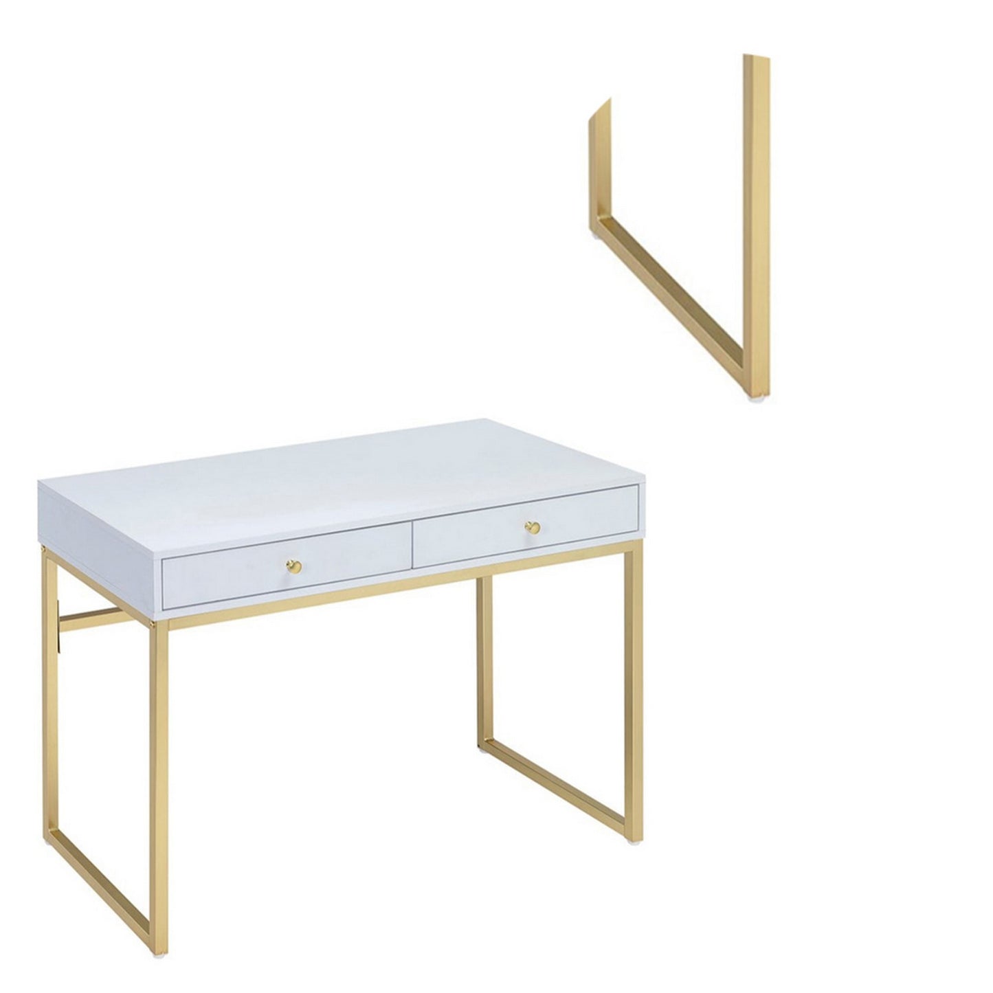 2 Drawer Wooden Desk With Sled Base, White And Gold By Benzara | Desks |  Modishstore  - 2