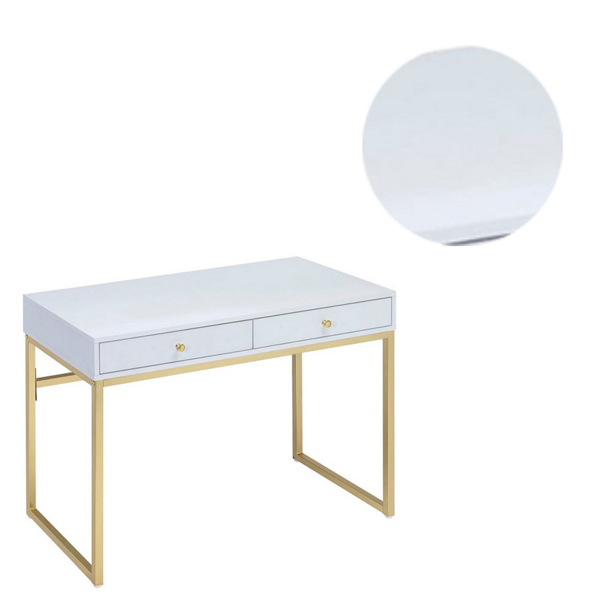 2 Drawer Wooden Desk With Sled Base, White And Gold By Benzara | Desks |  Modishstore  - 4