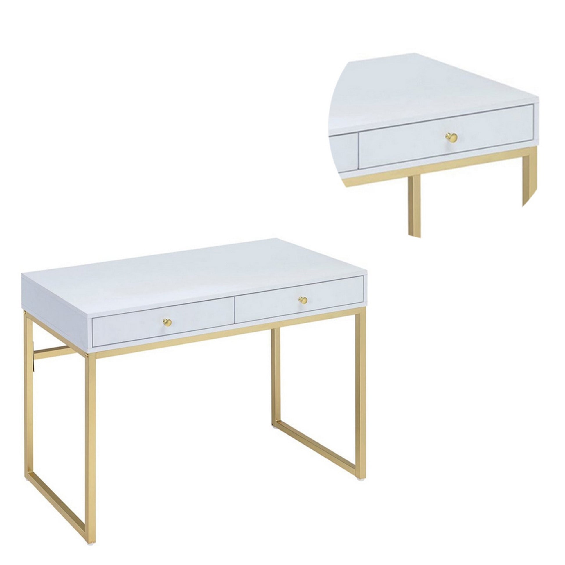 2 Drawer Wooden Desk With Sled Base, White And Gold By Benzara | Desks |  Modishstore  - 3