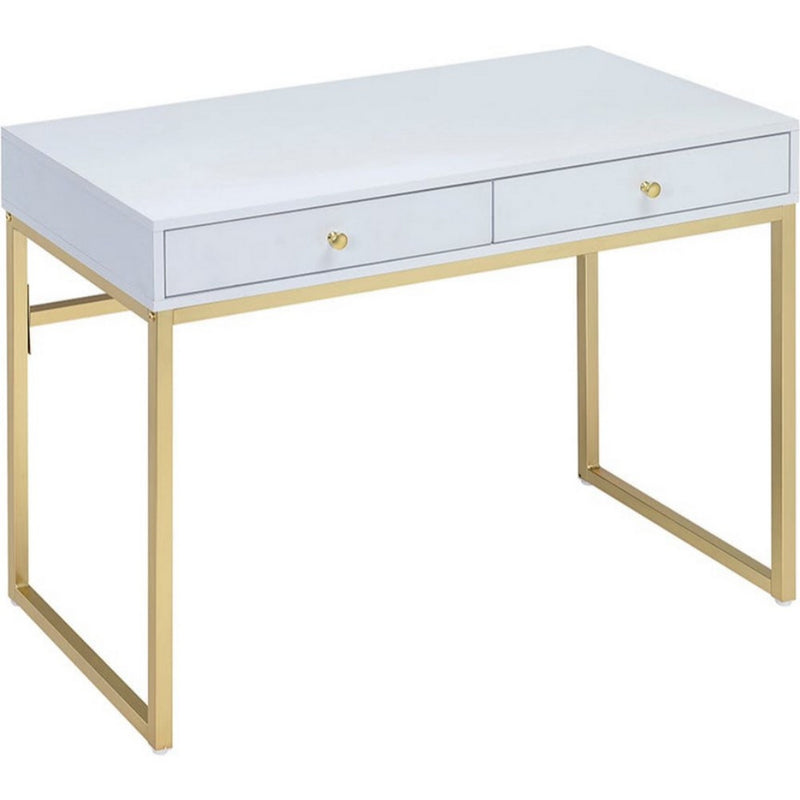 2 Drawer Wooden Desk With Sled Base, White And Gold By Benzara | Desks |  Modishstore 