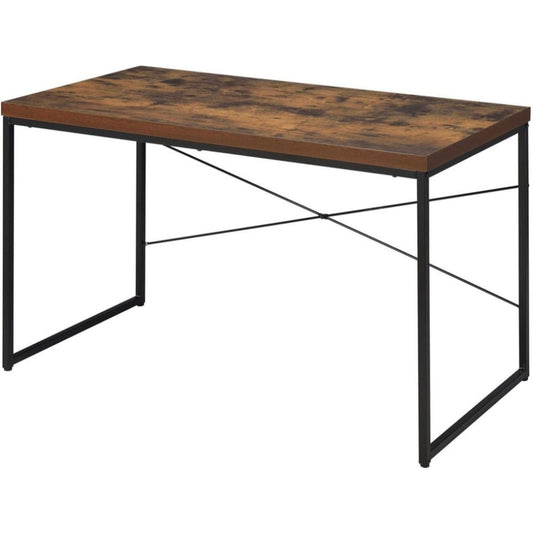 Rectangular Wooden Desk With Metal Base, Weathered Oak Brown And Black By Benzara