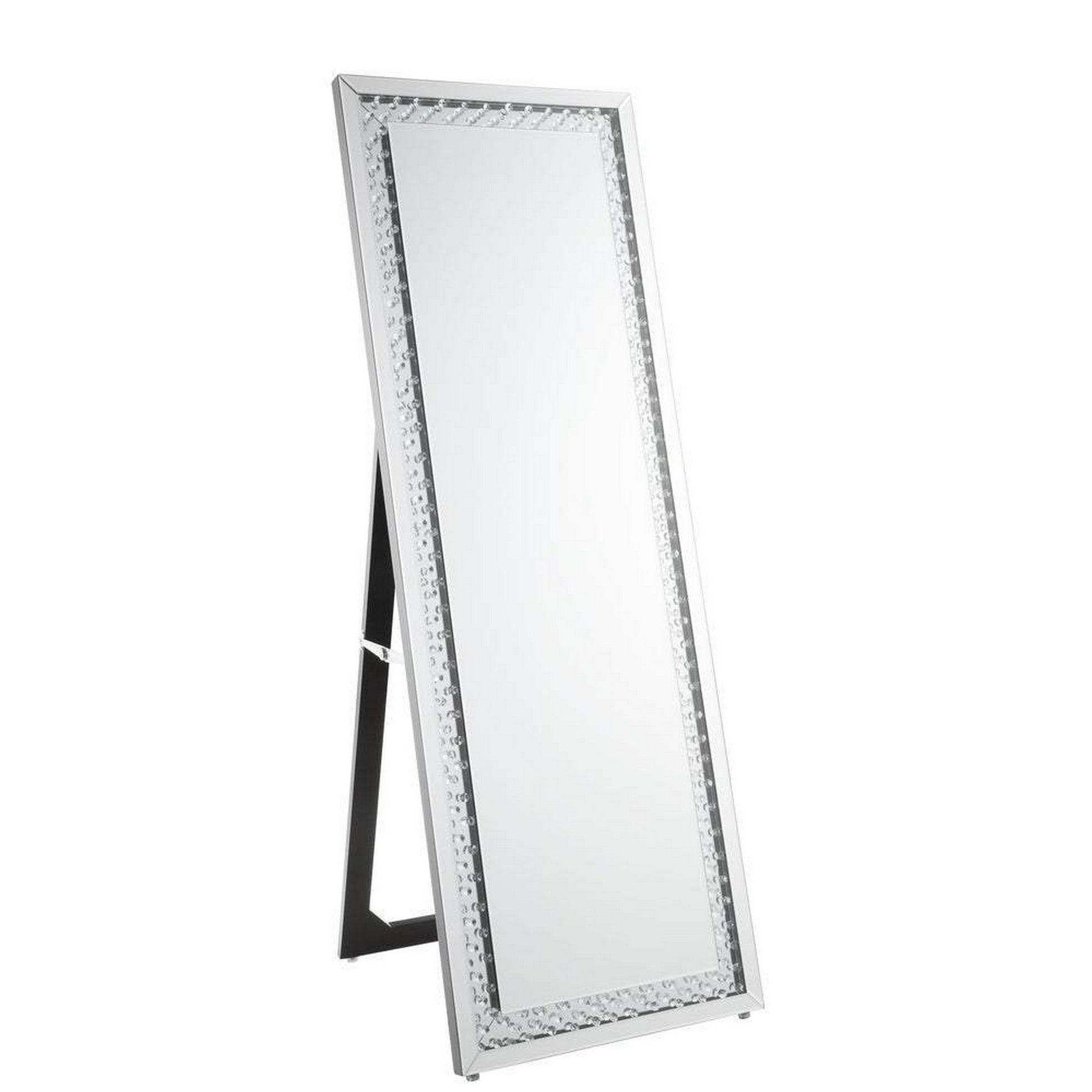 Rectangular Shaped Floor Mirror With Faux Crystals Inlay, Silver By Benzara | Mirrors |  Modishstore 