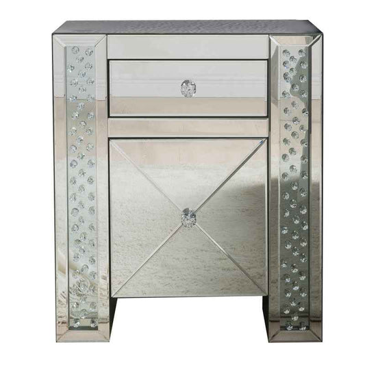 2 Drawer End Table With Mirror Panels And Faux Crystal Inserts, Silver By Benzara | End Tables |  Modishstore 