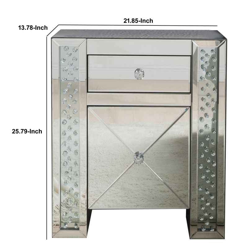 2 Drawer End Table With Mirror Panels And Faux Crystal Inserts, Silver By Benzara | End Tables |  Modishstore  - 3