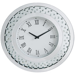 Round Shaped Wall Clock With Faux Crystals Inlay, Silver By Benzara