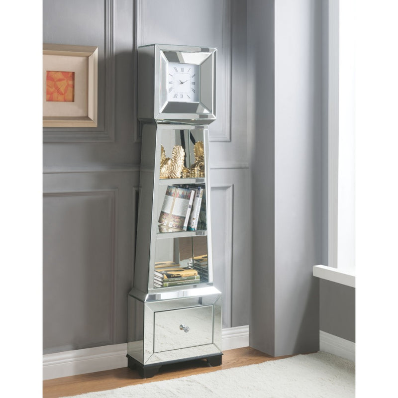 Fully Mirrored Wooden Grandfather Clock With Storage & Display Space, Silver By Benzara | Clocks |  Modishstore 