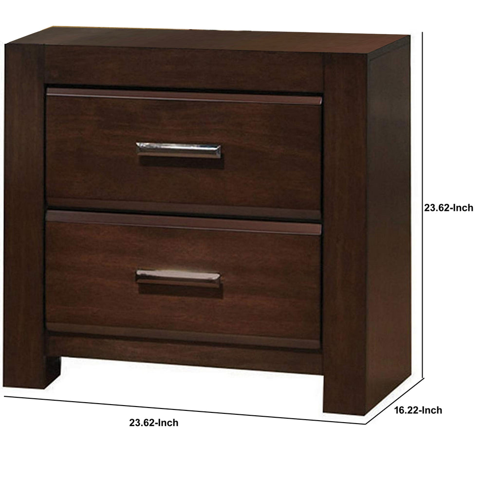 Wooden Nightstand With Two Drawers And Metal Handles, Brown By Benzara | Nightstands |  Modishstore  - 4
