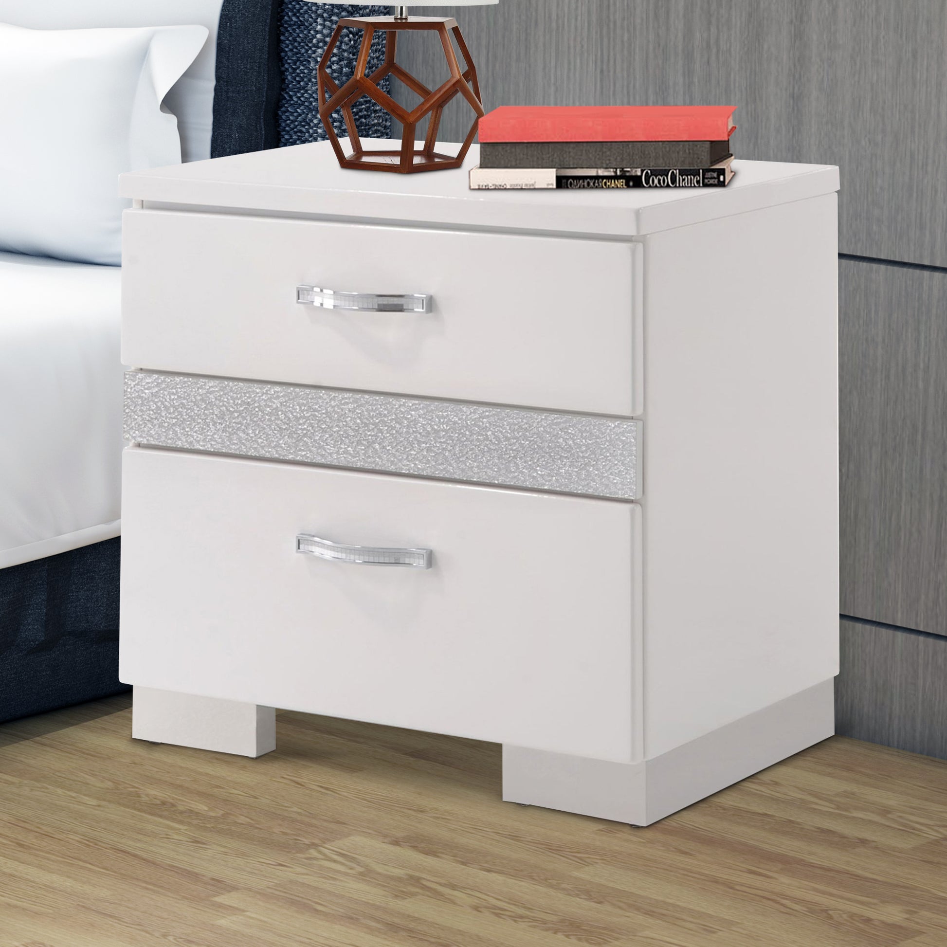 Nightstand With Three Center Metal Glide Drawers In White Gloss Finish By Benzara | Nightstands |  Modishstore  - 2
