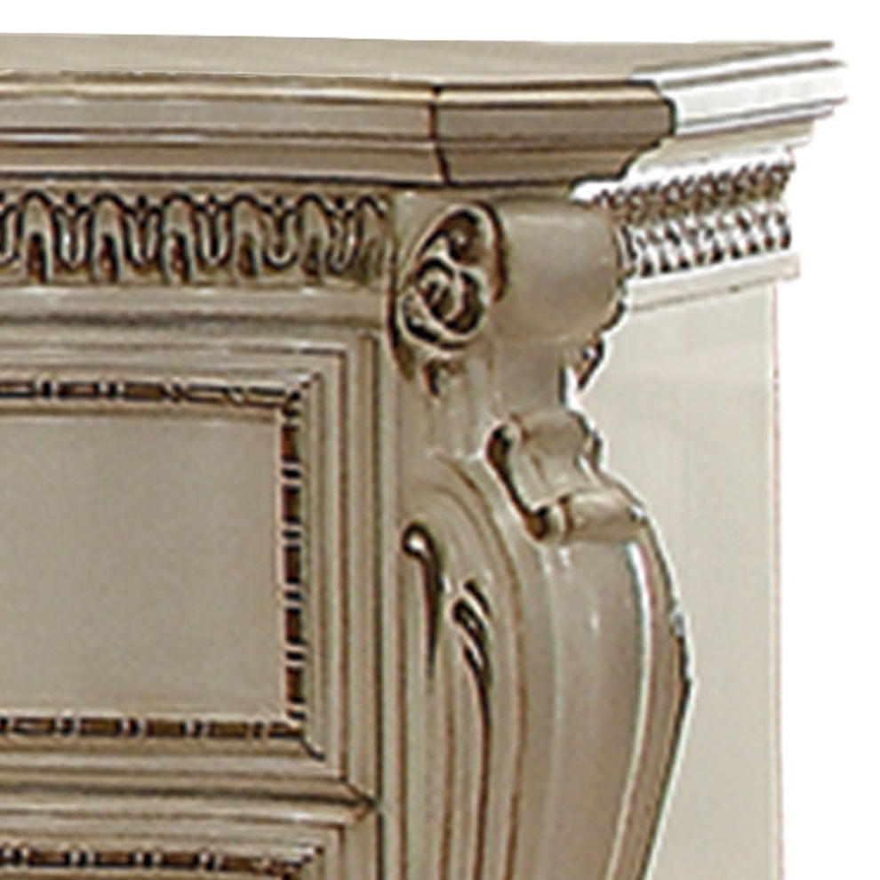 Two Drawer Nightstand With Carved Details And Cabriole Legs, Antique Pearl By Benzara | Nightstands |  Modishstore  - 5