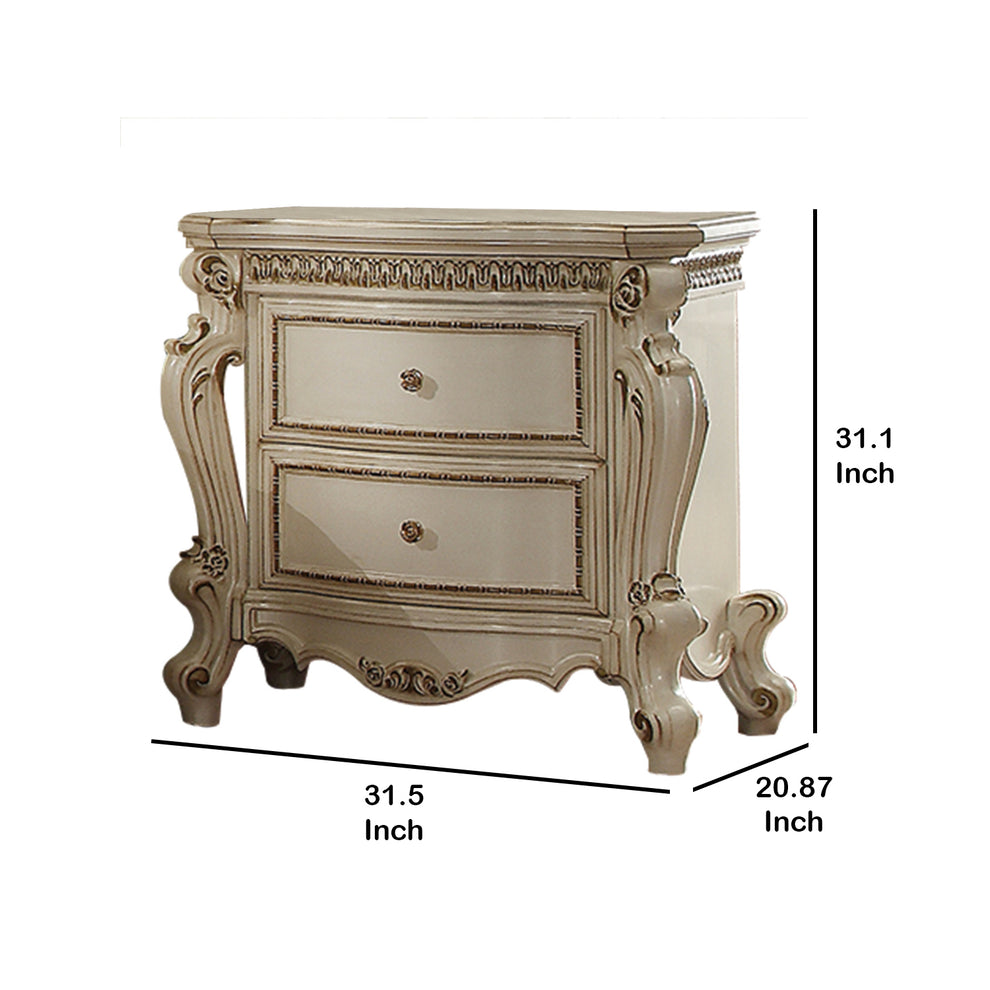 Two Drawer Nightstand With Carved Details And Cabriole Legs, Antique Pearl By Benzara | Nightstands |  Modishstore  - 4