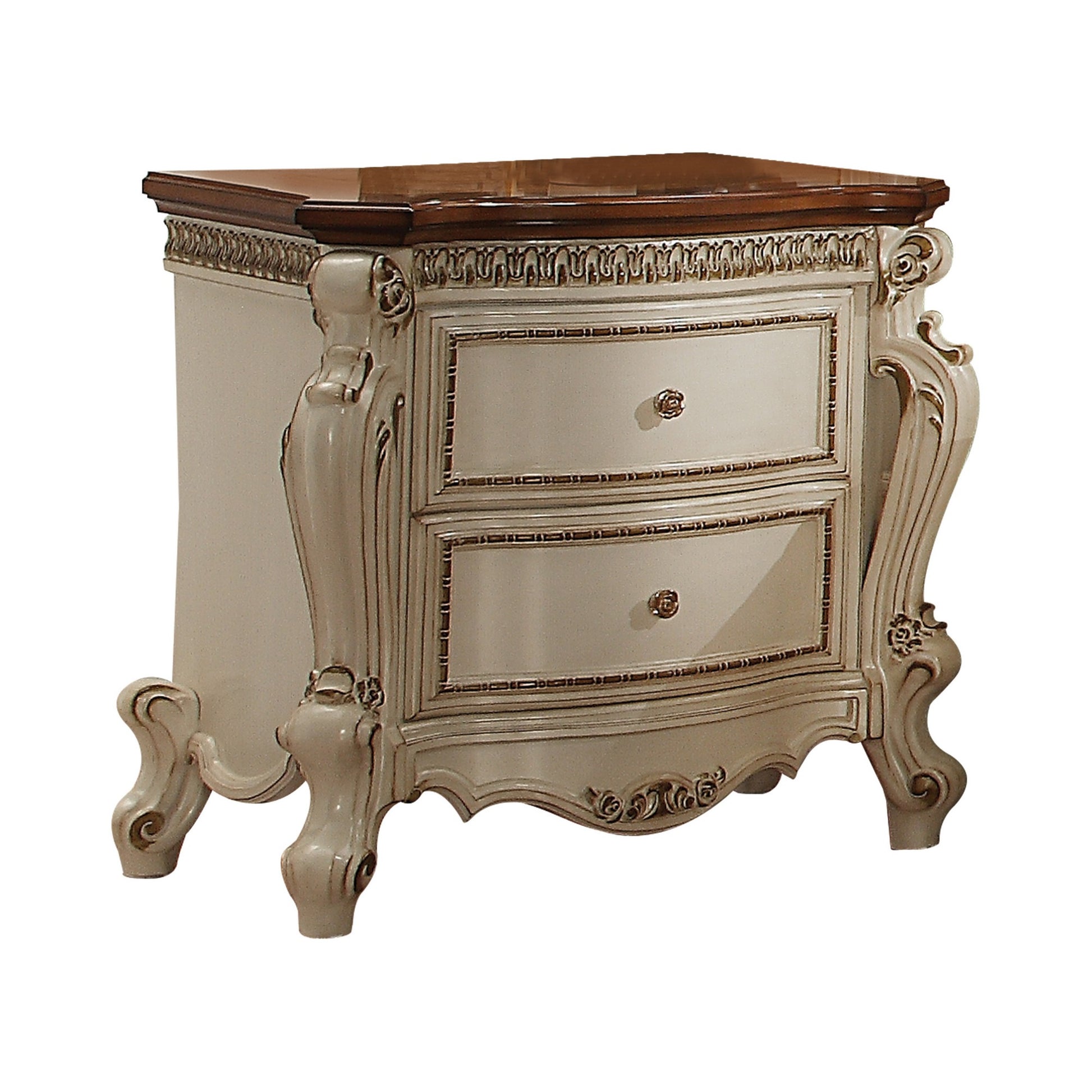 Two Drawer Nightstand With Cabriole Legs, Antique Pearl & Cherry Oak By Benzara | Nightstands |  Modishstore 