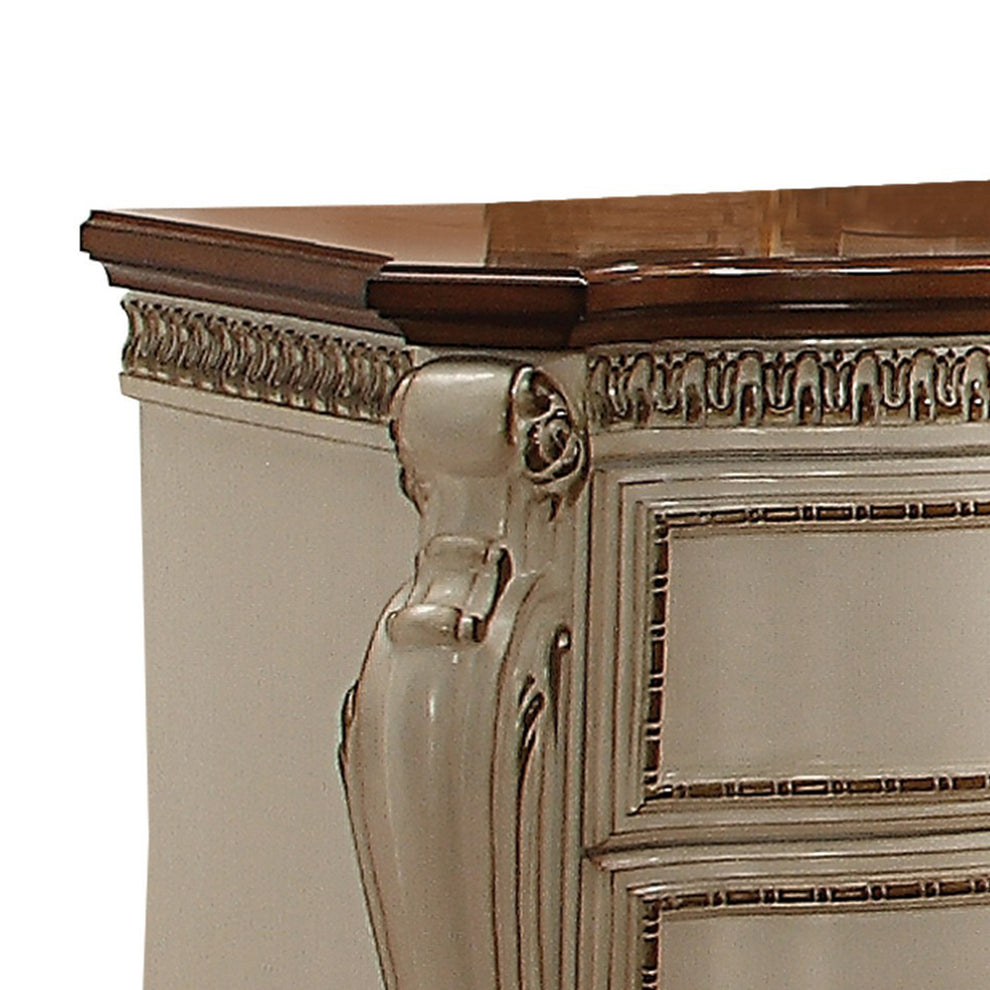 Two Drawer Nightstand With Cabriole Legs, Antique Pearl & Cherry Oak By Benzara | Nightstands |  Modishstore  - 2