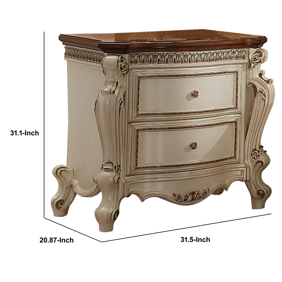 Two Drawer Nightstand With Cabriole Legs, Antique Pearl & Cherry Oak By Benzara | Nightstands |  Modishstore  - 4