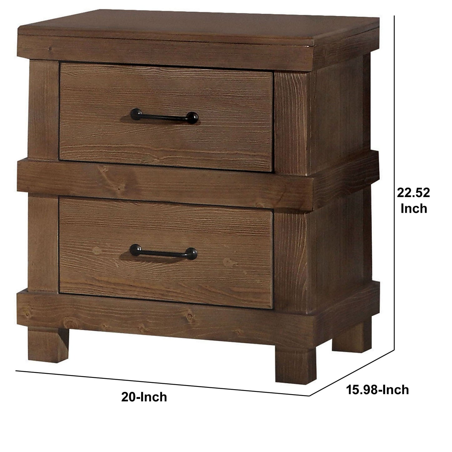 Two Drawer Nightstand With Metal Handle, Antique Oak By Benzara | Nightstands |  Modishstore  - 4