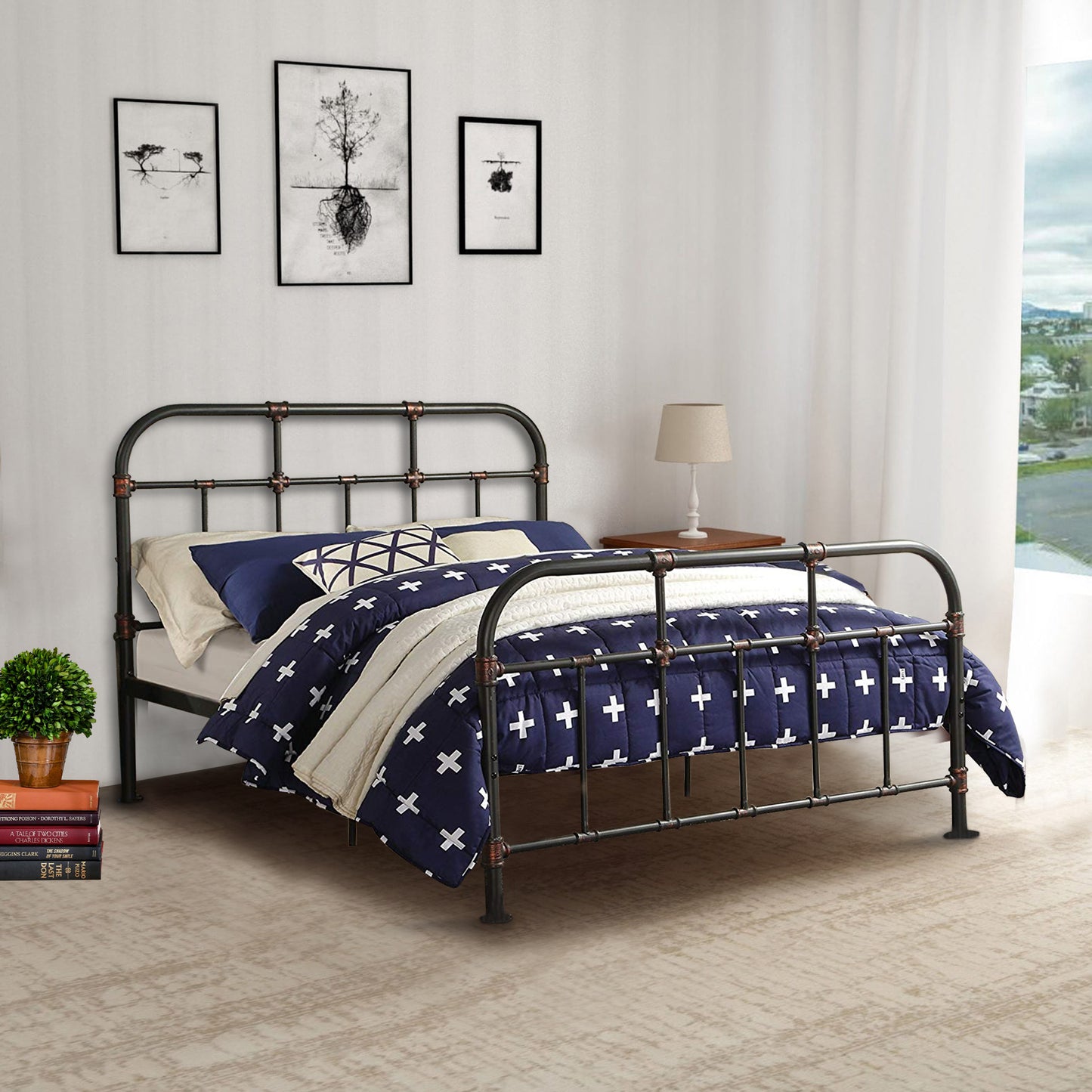 Industrial Pipe Detailed Metal Full Size Bed, Sandy Gray By Benzara | Beds |  Modishstore  - 2