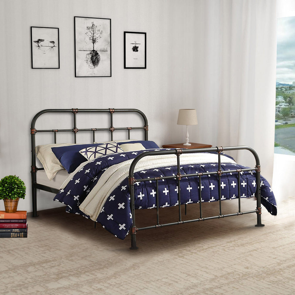 Industrial Pipe Detailed Metal Full Size Bed, Sandy Gray By Benzara | Beds |  Modishstore  - 2