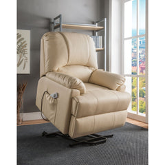 Contemporary Polyurethane Upholstered Metal Recliner With Power Lift, Beige By Benzara